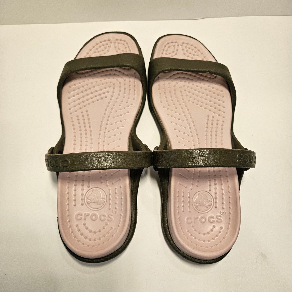 Crocs Cleo Women 5 Olive Green Grey Pink Dual Strap Comfort Slide Sandals - Picture 5 of 8